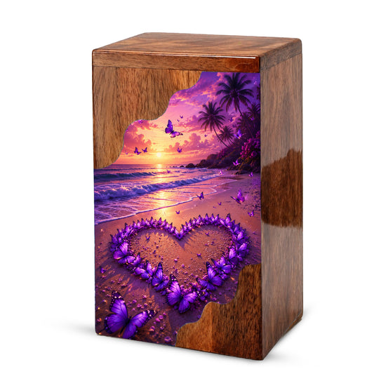 Purple Butterfly Beach Wooden Cremation Urn – Sunset Memorial Urn for Mom