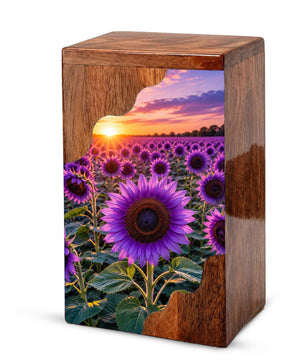 Purple Sunflower Cremation Urn for Mom | Wooden Urn for Human Ashes