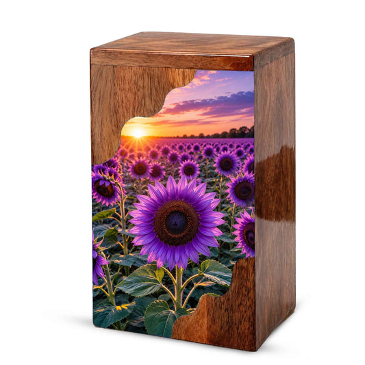 Purple Sunflower Cremation Urn for Mom | Wooden Urn for Human Ashes
