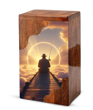 Fishing in Heaven Personalized Wooden Cremation Urn for Dad – Custom Memorial Urn with Sunset Fishing