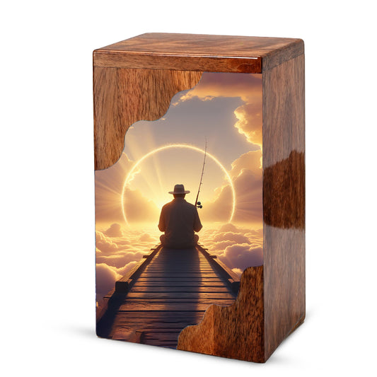 Fishing in Heaven Personalized Wooden Cremation Urn for Dad – Custom Memorial Urn with Sunset Fishing