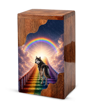 Personalized Husky Dog Urn for Ashes, Rainbow Bridge Wooden Cremation Urn