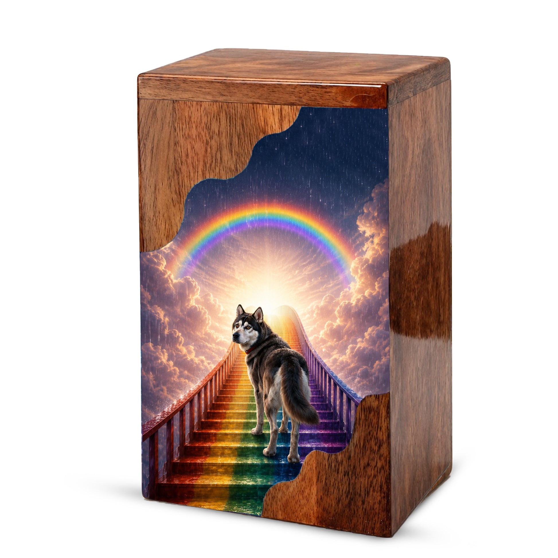 Personalized Husky Dog Urn for Ashes, Rainbow Bridge Wooden Cremation Urn