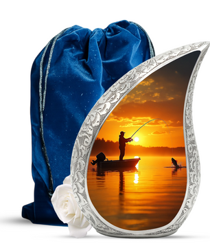 Fishing Personalized Cremation Urn for Dad – Teardrop Style Aluminum Memorial Urn, 10 Inch