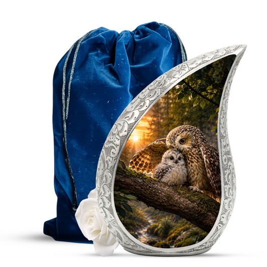 Owl Sunset Urn for Human Ashes | Beautiful Owl Adult Cremation Urn | Wildlife Sunset Memorial Urn