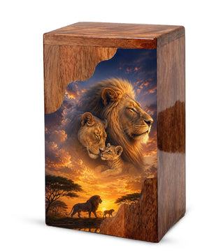 Lion Family Wooden Cremation Urn – Legacy & Eternal Love Memorial Urn for Human Ashes