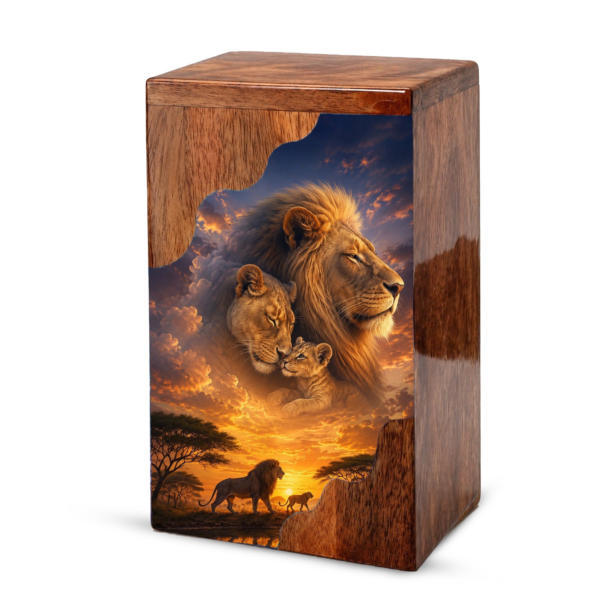 Lion Family Wooden Cremation Urn – Legacy & Eternal Love Memorial Urn for Human Ashes