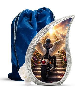 Motorcycle Angel Wings Urn for Dad Ashes | Motorcycle Cremation Urn for Men, Adult Male Memorial Urn for Father,
