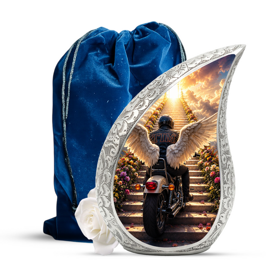 Motorcycle Angel Wings Urn for Dad Ashes | Motorcycle Cremation Urn for Men, Adult Male Memorial Urn for Father,