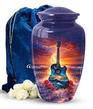 Guitar Funeral Urn - Adult Cremation Large Urn for Ashes |Ocean Sunset Memorial Urn