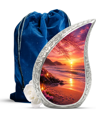 Ocean Beach Sunset Urn for Human Ashes | Beach Cremation Urn with Palm Tree