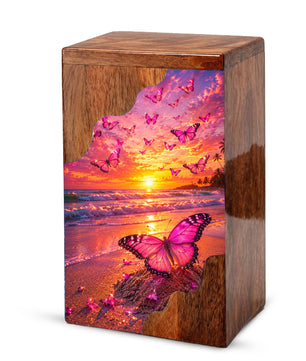 Butterfly Wooden Cremation Urn – Sunset Beach Memorial Urn for Ashes