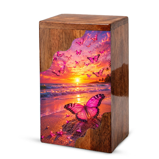 Butterfly Wooden Cremation Urn – Sunset Beach Memorial Urn for Ashes