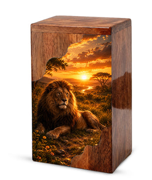 Lion Wooden Cremation Urn – Wooden Urn for Human Ashes | Memorial Urn for Dad