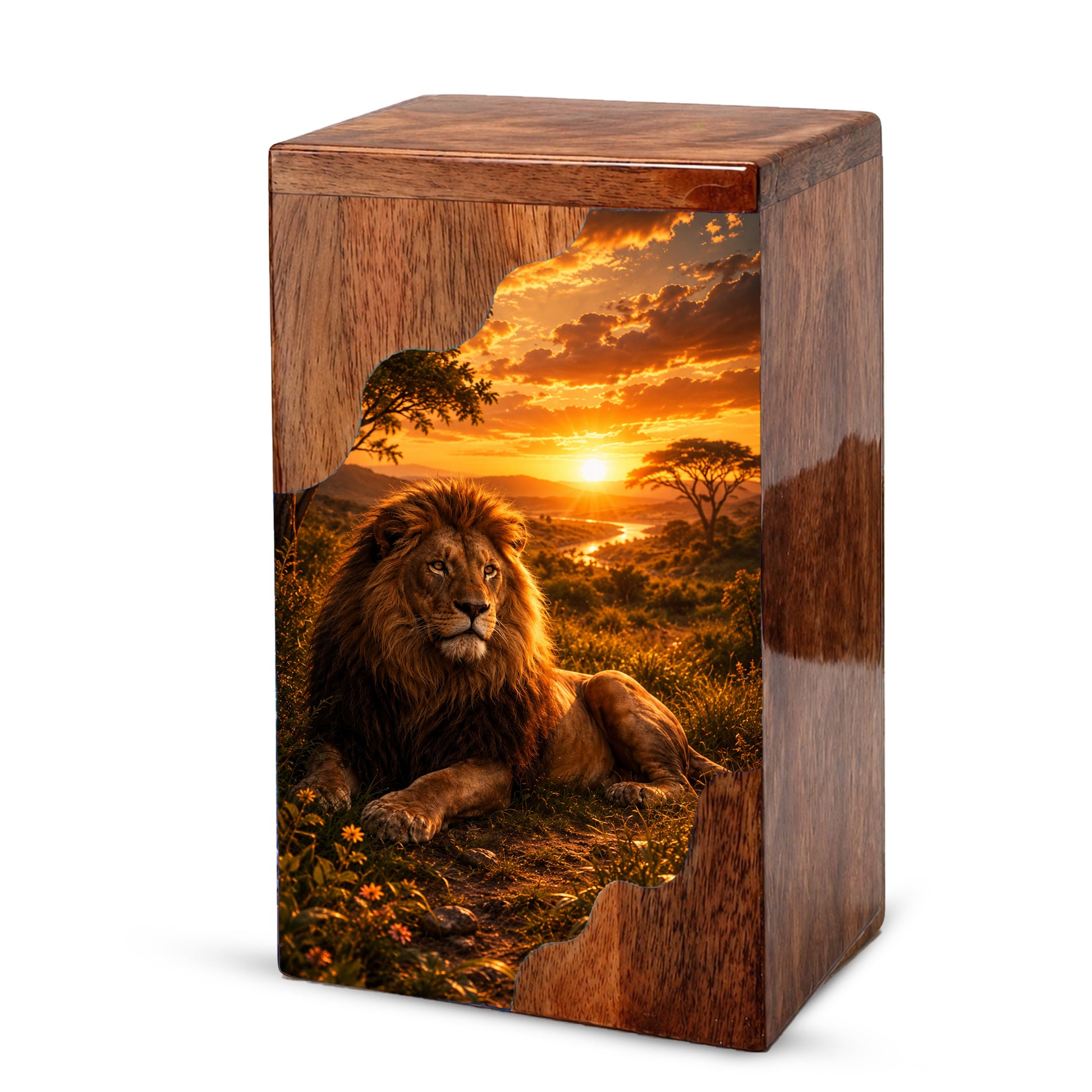 Lion Wooden Cremation Urn – Wooden Urn for Human Ashes | Memorial Urn for Dad