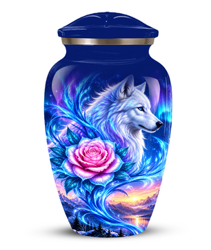 White Wolf and Pink Rose Cremation Urn for Adult Ashes, Blue Memorial Urn with Celestial Aurora and Sunset Mountain Artwork