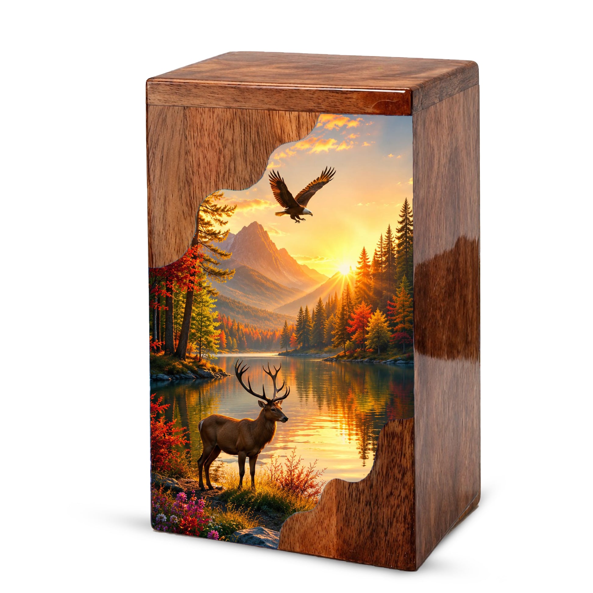 Mountain Wildlife Wooden Cremation Urn – Wooden Urn for Human Ashes