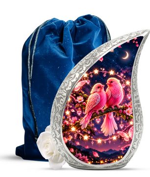 Pink Love Birds Urn for Human Ashes, Adult Cremation Urn with Two Birds and Flowers