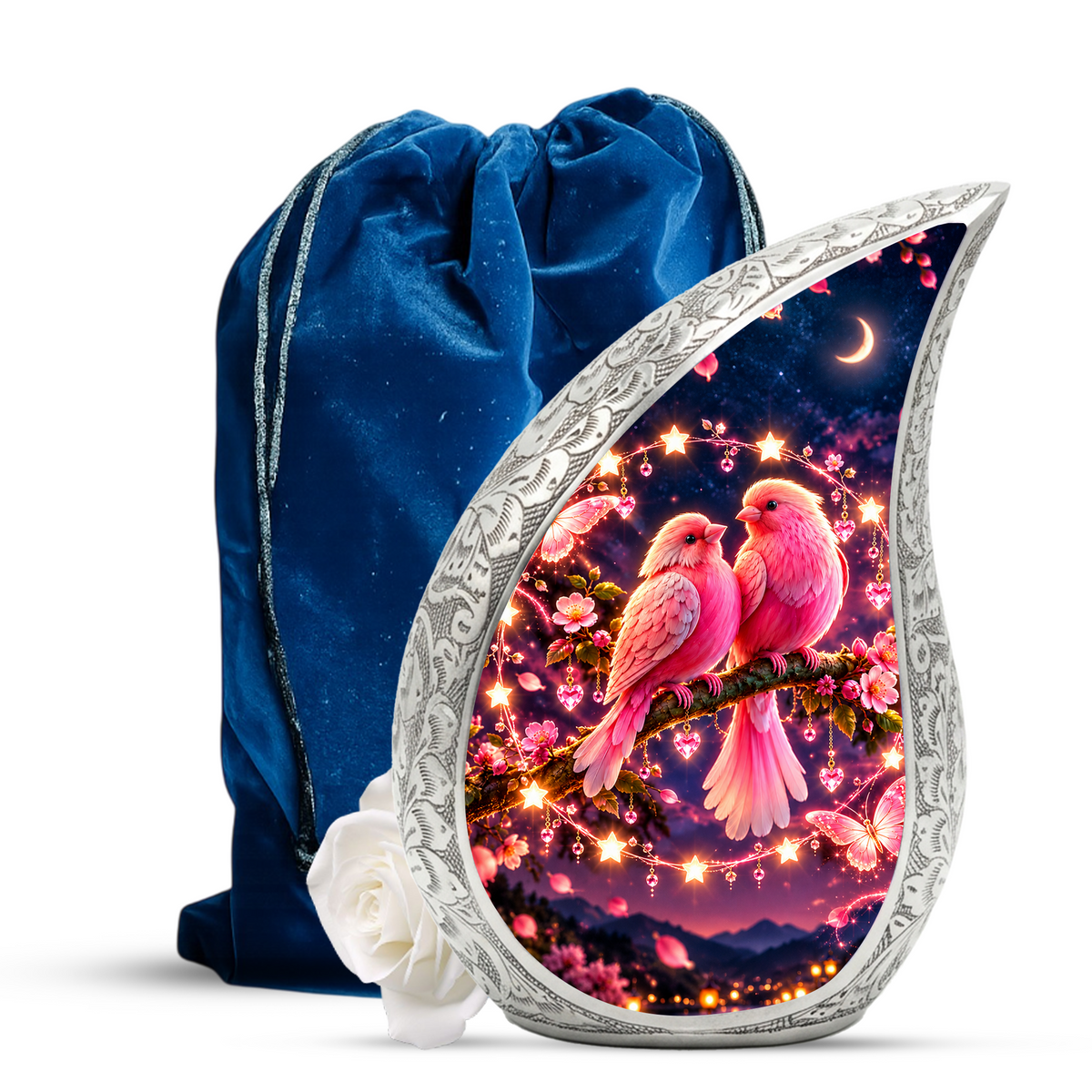 Pink Love Birds Urn for Human Ashes, Adult Cremation Urn with Two Birds and Flowers
