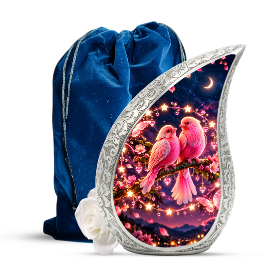 Pink Love Birds Urn for Human Ashes, Adult Cremation Urn with Two Birds and Flowers