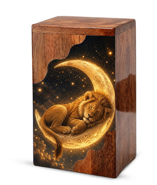 Lion Wooden Cremation Urn – Celestial Moon Memorial Urn for Human Ashes
