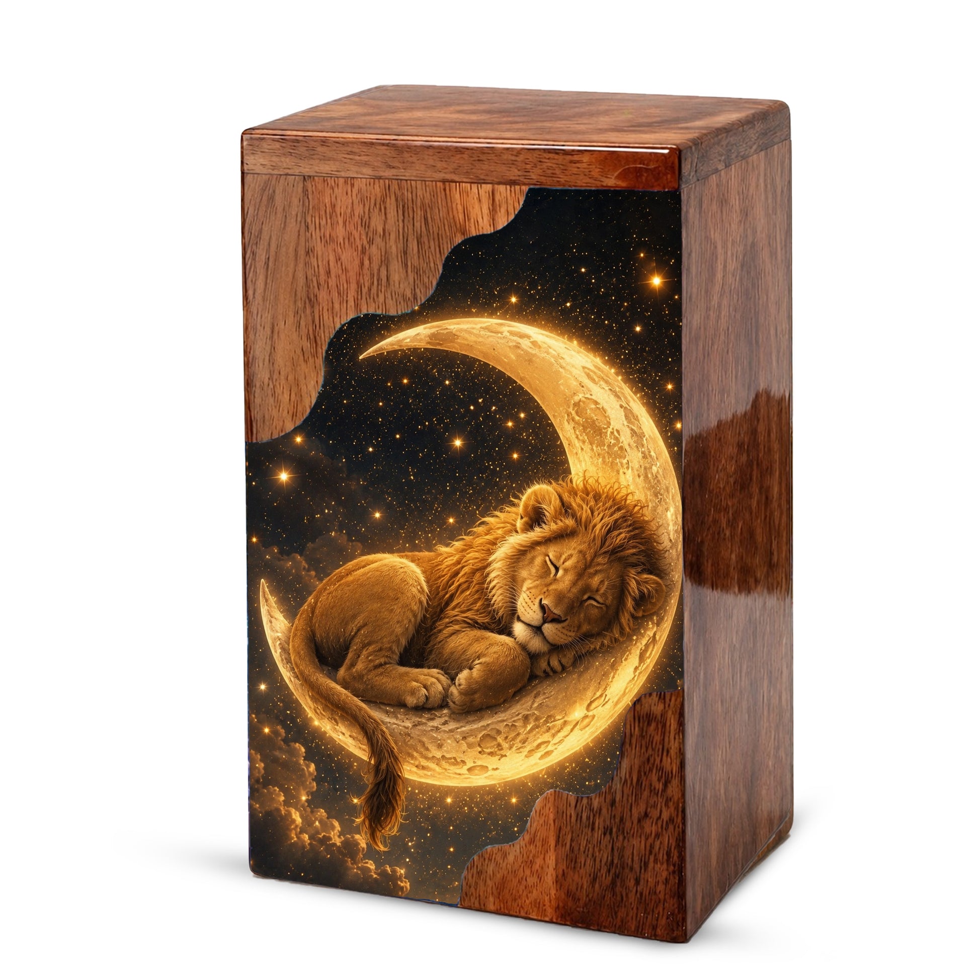 Lion Wooden Cremation Urn – Celestial Moon Memorial Urn for Human Ashes