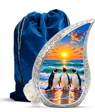 Penguin Cremation Urn for Ashes, Beach Sunset Memorial Urn, Adult Aluminum Cremation Urn