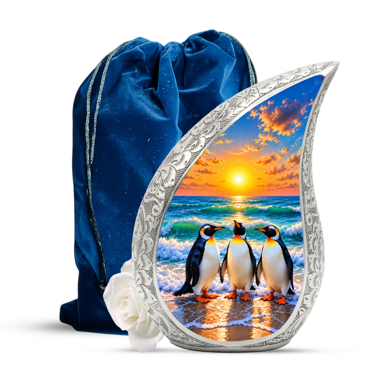 Penguin Cremation Urn for Ashes, Beach Sunset Memorial Urn, Adult Aluminum Cremation Urn