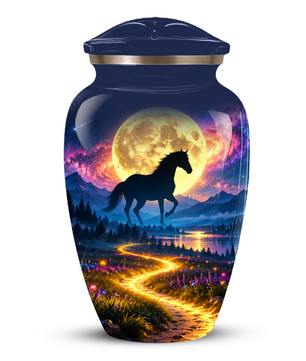 Personalized Adult Cremation Urn for Ashes, Black Horse Under Golden Moon Memorial Urn