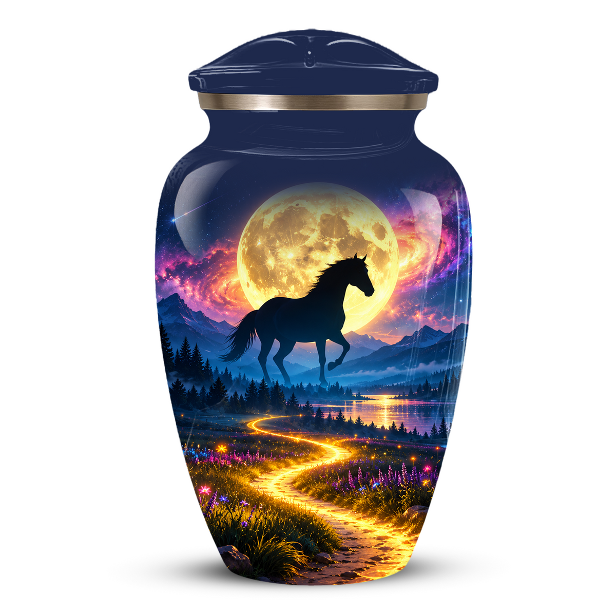 Personalized Adult Cremation Urn for Ashes, Black Horse Under Golden Moon Memorial Urn