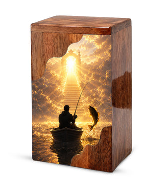 Fishing in Heaven Wooden Cremation Urn – Personalized Memorial Urn for Human Ashes