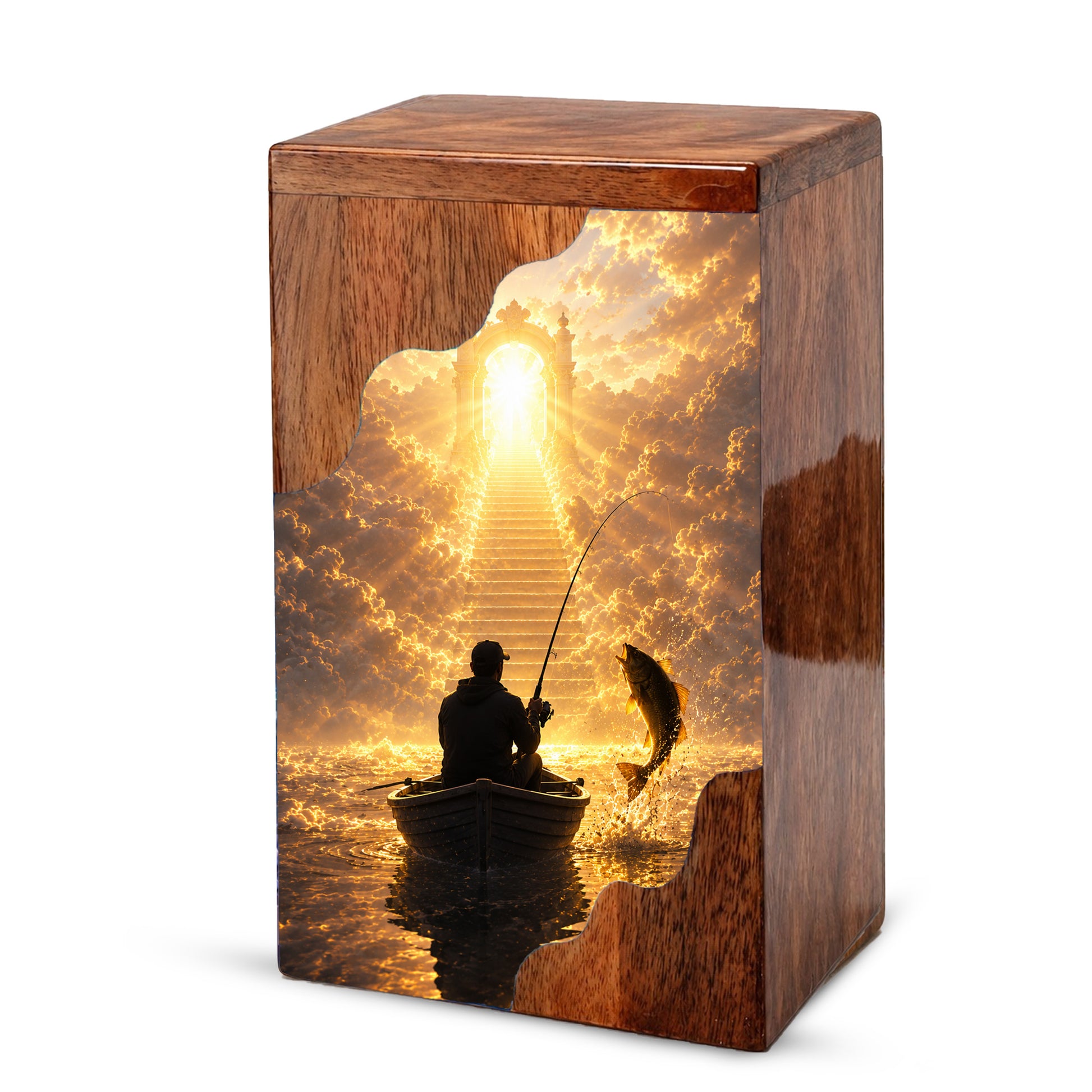 Fishing in Heaven Wooden Cremation Urn – Personalized Memorial Urn for Human Ashes