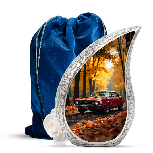 Classic Car Personalized Cremation Urn for Dad – Teardrop Style Aluminum Memorial Urn, 10 Inch