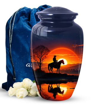 Cowboy Horse Urn for Dad | Funeral Cremation Large Urn for Father | Western Sunset Memorial Urn