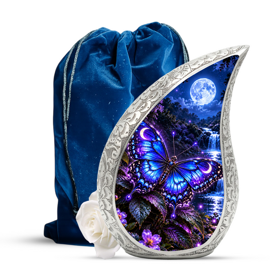 Blue Butterfly Cremation Urn for Adult Ashes, Glowing Purple Butterfly Memorial Urn