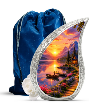 Sunset Lake Cremation Urn for Adult Ashes, Mountain Landscape Memorial Urn
