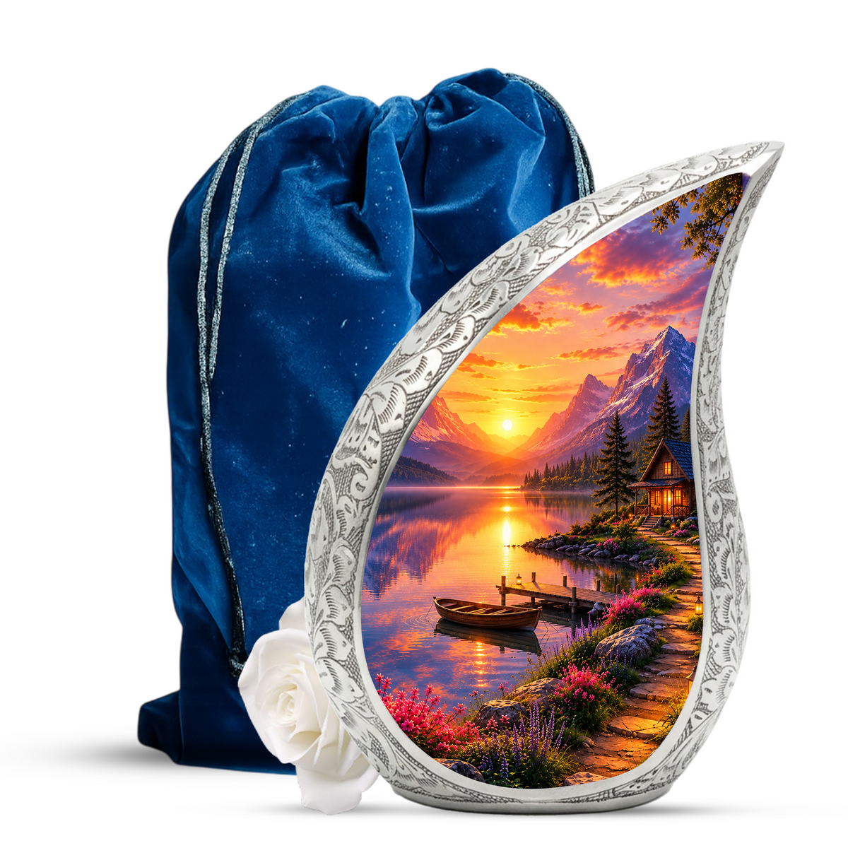 Sunset Lake Cremation Urn for Adult Ashes, Mountain Landscape Memorial Urn