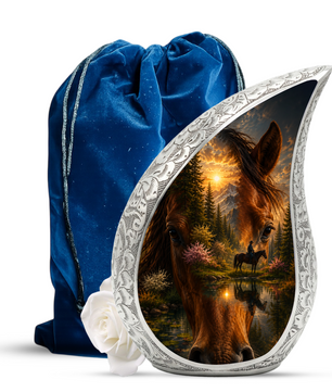 Horse Urn for Human Ashes | Adult Cremation Urn with Horse & Mountain Sunset