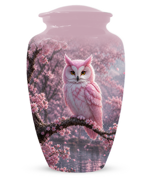 Pink Owl Cremation Urn for Mom, Cherry Blossom Memorial Urns for Ashes