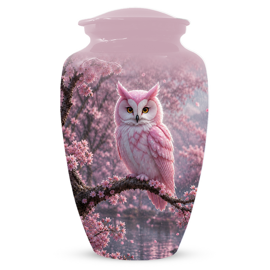 Pink Owl Cremation Urn for Mom, Cherry Blossom Memorial Urns for Ashes