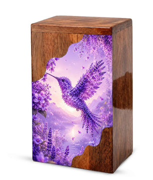 Hummingbird Cremation Urn for Mom | Purple Floral Wooden Urn for Human