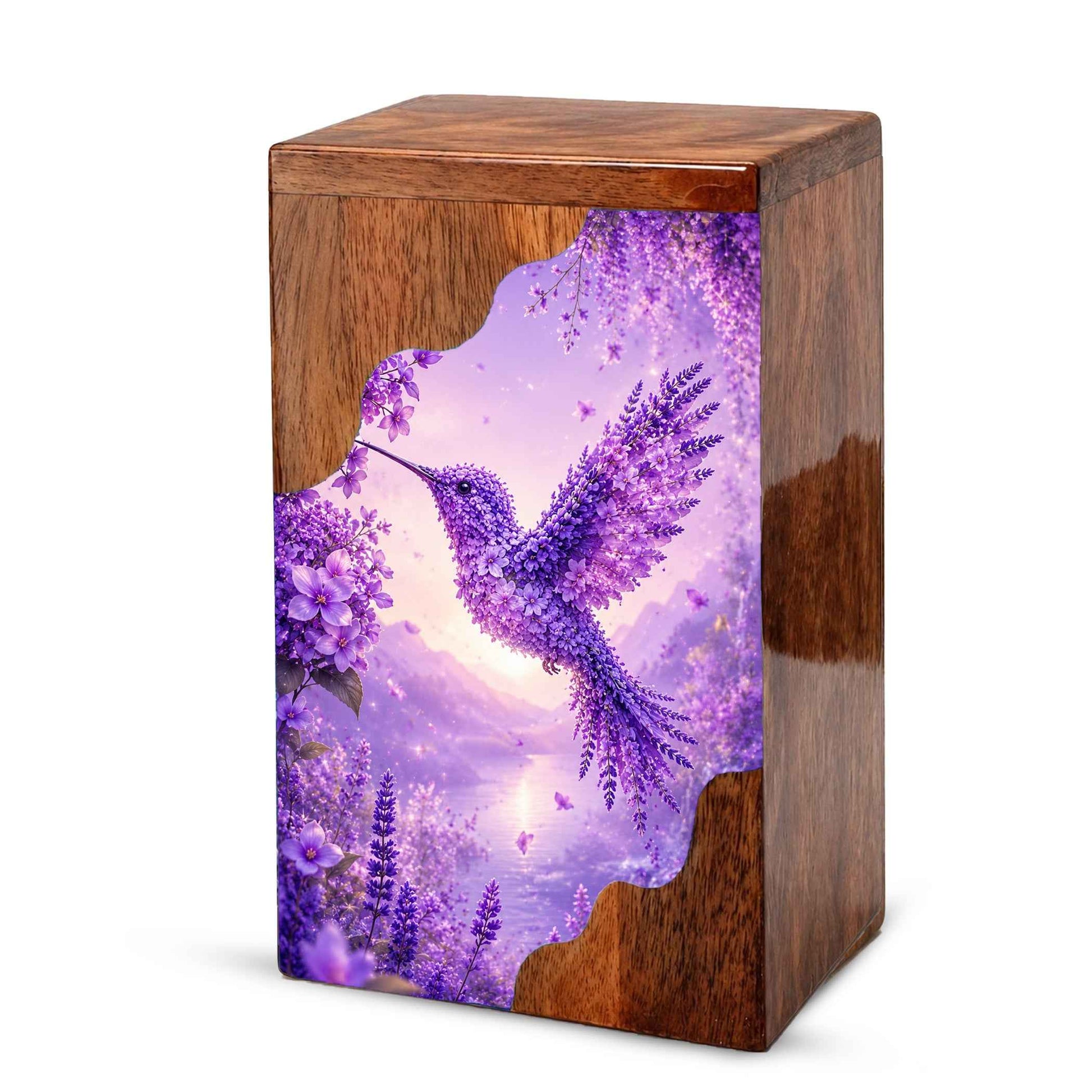 Hummingbird Cremation Urn for Mom | Purple Floral Wooden Urn for Human