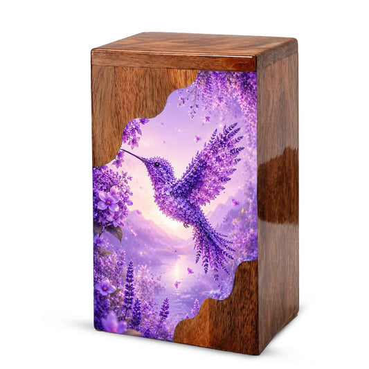 Hummingbird Cremation Urn for Mom | Purple Floral Wooden Urn for Human