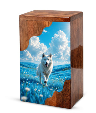 White Dog Wooden Cremation Urn – Personalized Pet Memorial Urn for Dog Ashes