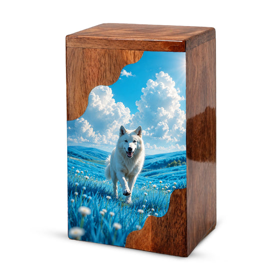 White Dog Wooden Cremation Urn – Personalized Pet Memorial Urn for Dog Ashes