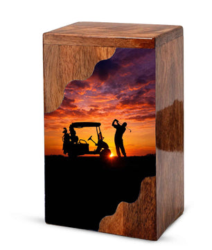 Personalized Golf Wooden Cremation Urn – Sunset Golf Memorial Urn | Custom Wooden Urn for Dad