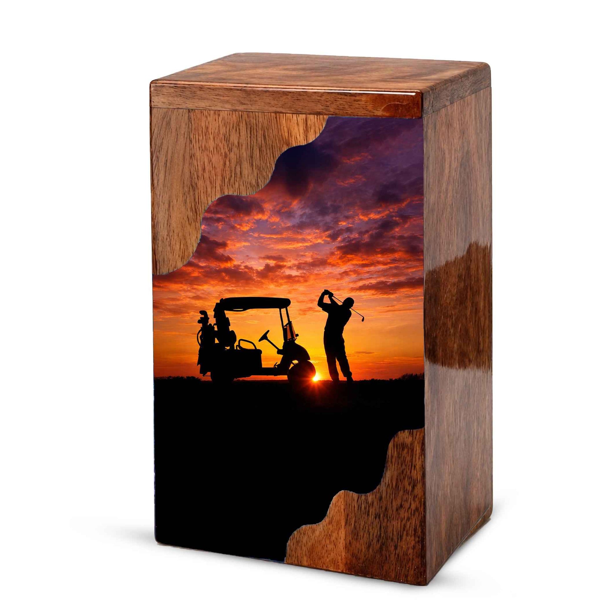 Personalized Golf Wooden Cremation Urn – Sunset Golf Memorial Urn | Custom Wooden Urn for Dad