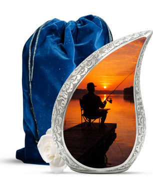 Personalized Fishing Cremation Urn for Dad – Custom Memorial Urn for Ashes, Sunset Lake Teardrop Aluminum Adult Urn, 10 Inch