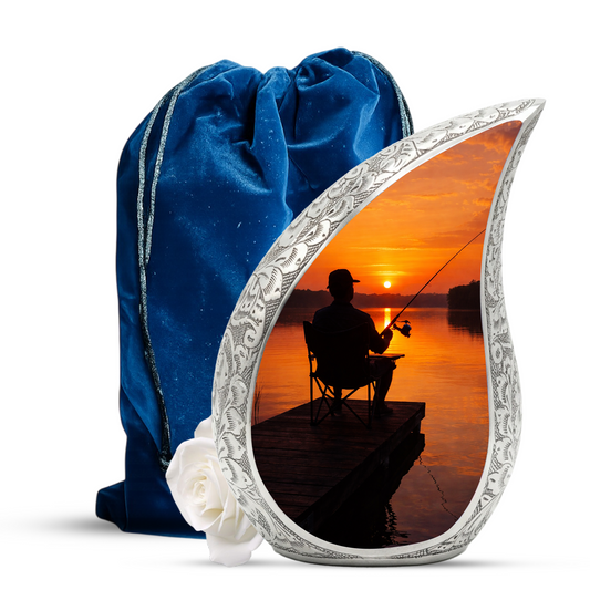 Personalized Fishing Cremation Urn for Dad – Custom Memorial Urn for Ashes, Sunset Lake Teardrop Aluminum Adult Urn, 10 Inch
