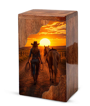 Western Wooden Cremation Urn – Cowboy Memorial Urn for Ashes | Sunset Horse Memorial Urn